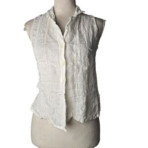 TER ET BANTINE Sz 4 White Linen Eyelet Sleeveless Button Front Shirt Top